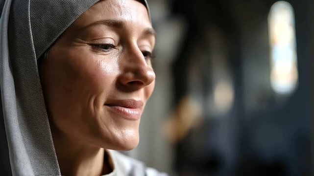 Close up portrait of a serene woman in a religious habit with composed and peaceful features soft diffused church light creating a dignified and serene quality fine habit fabric