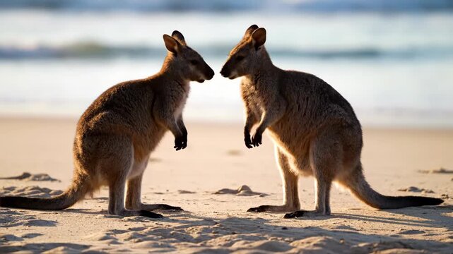 Two kangaroos sparring on a sandy beach at sunset