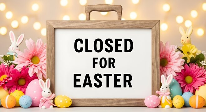 Easter holiday closed sign with colorful flowers and eggs