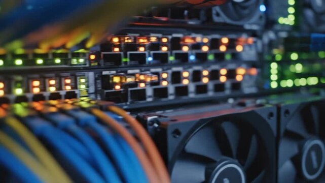 Close-up of a computer server with colorful cables connected to the ports, in a data center or server room with blurred background