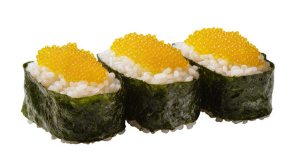 Three fresh gunkan maki sushi pieces, topped with bright yellow fish roe and white rice, wrapped in dark green nori seaweed, isolated, ready to eat © Saoirse