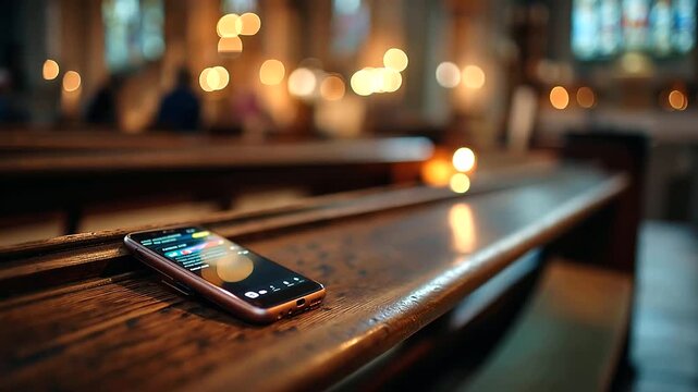 Wide atmospheric low light shot of a mobile phone resting on a church prayer bench the screen glowing softly with a devotional application or contact list in a moment of modern