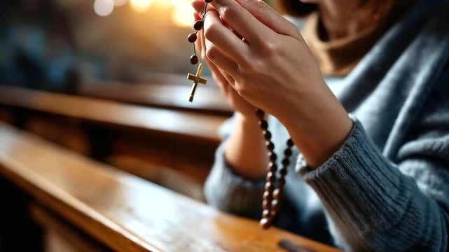 Close up of a woman's hands from above gently holding a strand of prayer beads with a small crucifix visible the beads worn smooth from devoted use soft warm church interior