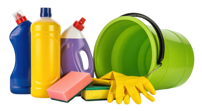 Cleaning supplies bucket gloves sponge isolated on a transparent background
