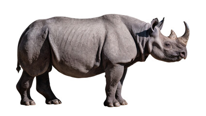 Obraz premium Majestic grey rhinoceros, a powerful African mammal, standing gracefully isolated on transparent background, detailed wildlife PNG for conservation projects