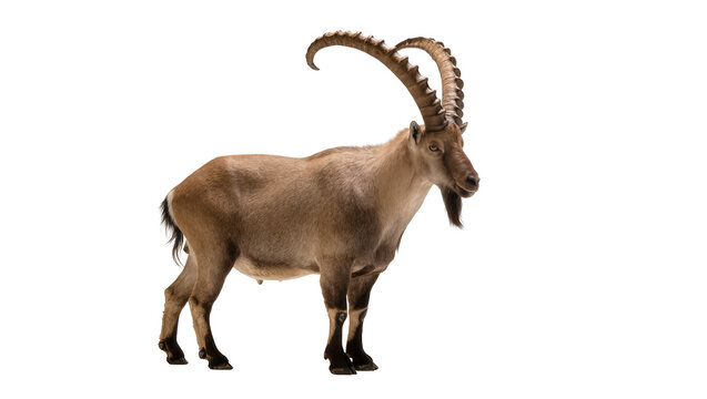 Majestic Nubian ibex, a wild mountain goat with impressive large curved horns, standing in profile, isolated on transparent background PNG