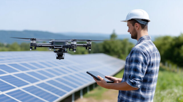 Unrecognizable technician using an infrared drone camera attachment to identify underperforming solar modules, aerial thermal view displayed on controller, defocused agricultural