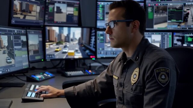 Security guard monitoring multiple screens in control room