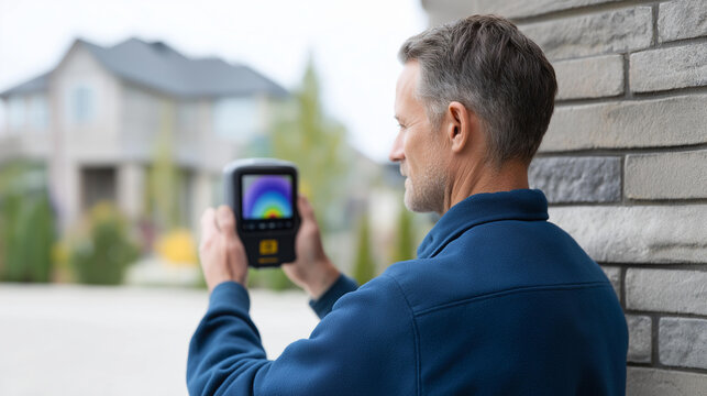 Anonymous male worker holding a thermal imaging camera up to scan an exterior residential wall during a home inspection, heat loss patterns visible on screen, defocused suburban