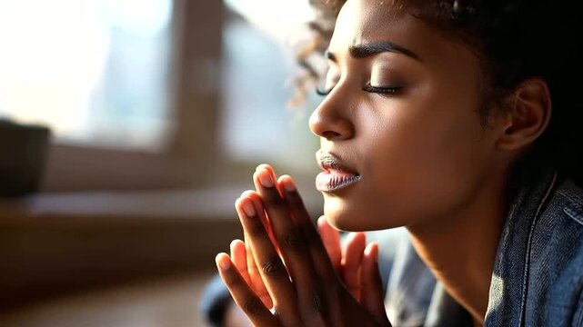 Close up of a woman's hands from above in a careful prayer posture eyes closed implied by the stillness of the pose soft natural window light illuminating the hands and the