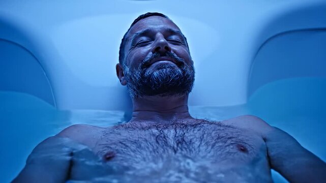 Man relaxing in floatation tank water.