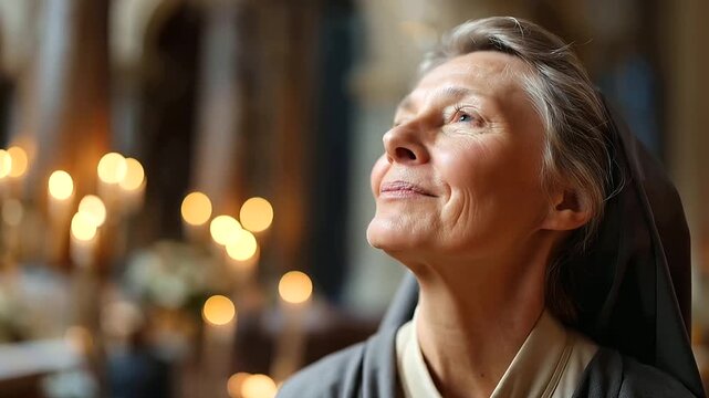 Close up portrait of a mature woman in a traditional religious habit a warm genuine smile conveying decades of devoted service soft natural church light illuminating her face