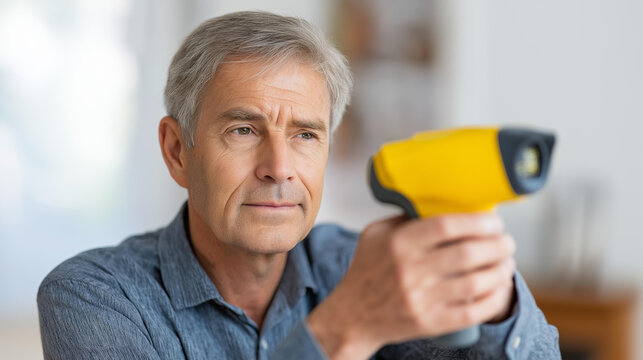 Faceless inspector examining a model house on a radiator using thermal imaging principles, small residential energy audit concept, insulated home evaluation, heating efficiency