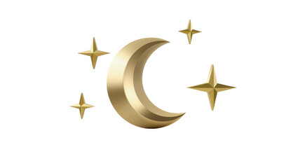 Shiny golden crescent moon and four metallic stars, isolated 3D render PNG on transparent background, celestial symbol for design © Saoirse