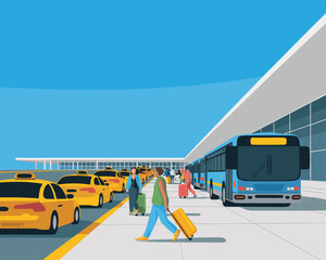 A vibrant illustration depicts a busy airport terminal with passengers taxis and a shuttle bus © Sadhin07