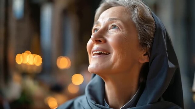 Close up portrait of a mature woman in a traditional religious habit a warm genuine smile conveying decades of devoted service soft natural church light illuminating her face
