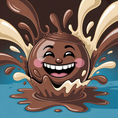  Smiling chocolate splash character emerging from cocoa puddle &mdash; animated confectionery mascot with joyful expression