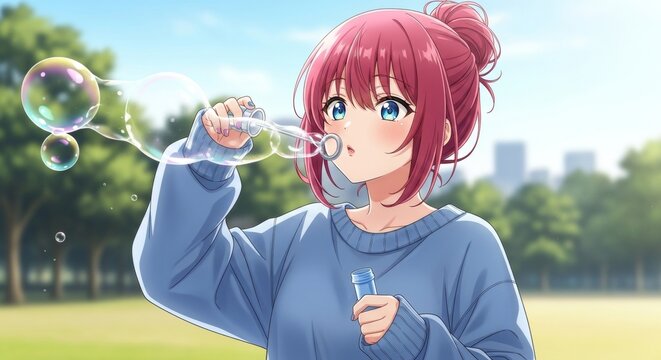 Girl with bright pink hair blows soap bubbles in a sunny park setting with blurred modern city buildings in the background.