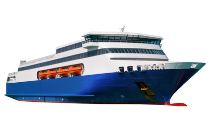 Naklejka premium Large blue and white passenger ferry boat with orange lifeboats, isolated PNG on transparent background, ready for ocean travel and transportation