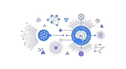 Fototapeta premium Artificial intelligence brain network concept with glowing digital connections and abstract geometric shapes