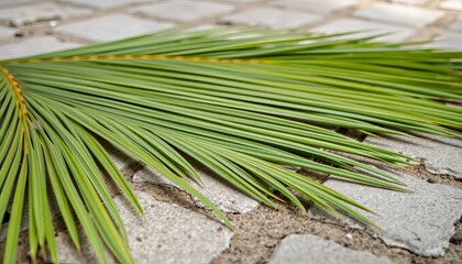 Fototapeta premium A palm leaf lies on a stone pathway, symbolizing Palm Sunday or a peaceful Christian moment.