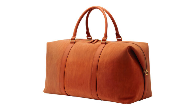 Stylish brown leather duffel bag, a classic travel luggage piece, isolated on transparent background, perfect for product display PNG