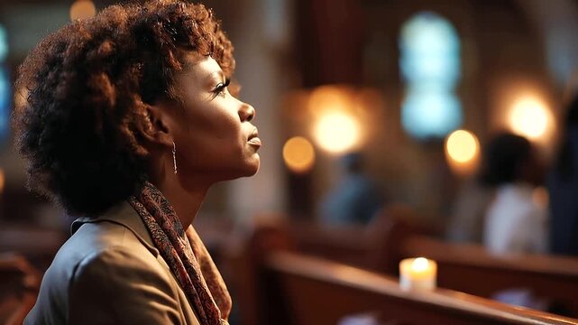 Faceless African American woman from behind in a church pew head slightly bowed in prayer the warm church lighting falling across her shoulders and natural hair