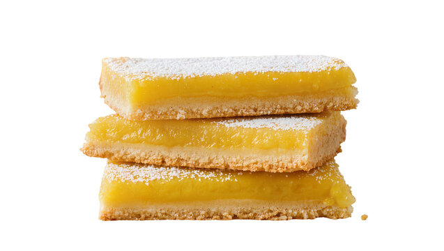 Isolated stack of three lemon bars with yellow lemon curd and shortbread crust dusted with powdered sugar, sweet dessert