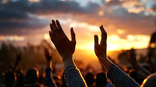 Wide atmospheric outdoor sunset shot of silhouetted hands raised in praise from a gathered group the fiery sunset sky behind creating a dramatic and spiritual backdrop warm