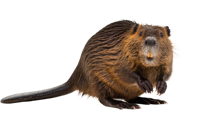 North American beaver with wet brown fur and prominent teeth, standing, isolated on transparent background, wild rodent animal PNG © Saoirse