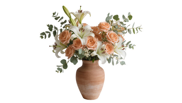 Elegant bouquet of white lilies and peach roses with eucalyptus leaves in a rustic terracotta vase, isolated PNG on transparent background for floral design