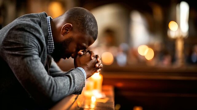 Faceless African American man from behind seated in a church pew in prayer head bowed and hands clasped on the pew in front of him warm church candlelight falling across his