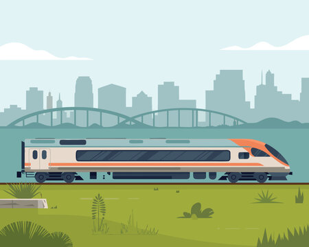 A sleek modern high speed train travels along a track with a city skyline backdrop