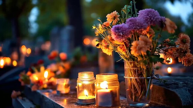 Wide quiet photograph of a peaceful cemetery at dusk small candle flames glowing warmly at multiple grave markers fresh flowers in vivid colours placed against the weathered
