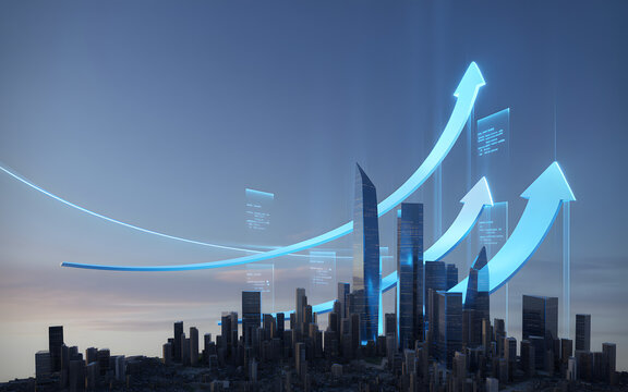 Growth concept represented by city skyline with upward arrows symbolizing market success.