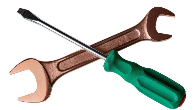 Close-up of a shiny metal flat-head screwdriver with a textured green handle, crossed over a sturdy bronze-colored open-end wrench, isolated on a clean white background for various design applications