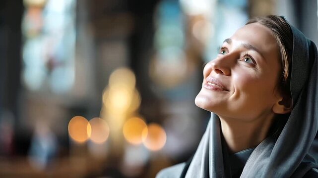 Close up portrait of a serene woman in a religious habit with a peaceful and composed expression soft diffused church interior light creating an even and dignified portrait