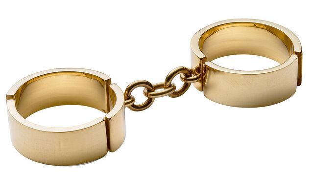 Luxurious golden open rings connected by a short chain, resembling elegant handcuffs, isolated PNG on transparent background for jewelry design