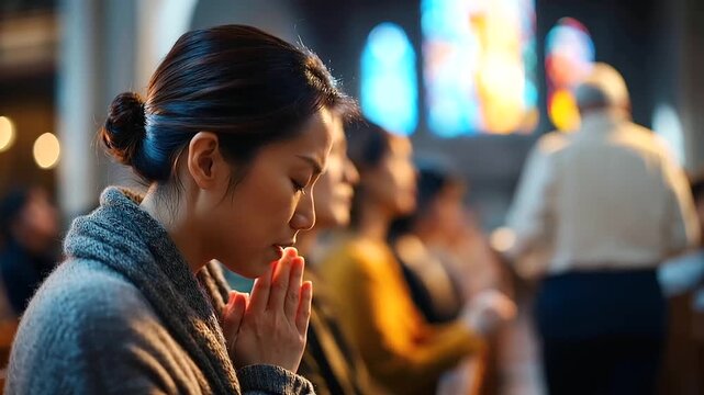 Faceless group of Asian women from behind seated in a row in a Christian church all in a prayer posture with heads slightly bowed warm church lighting filtering through