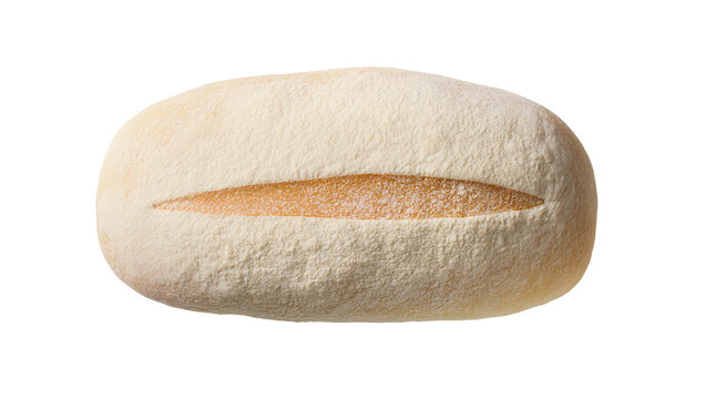 Freshly baked artisan bread loaf, lightly dusted with flour and scored, isolated PNG on transparent background, perfect for bakery menus