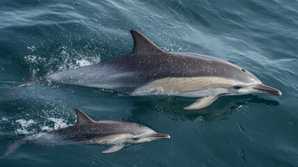 Obraz premium Two marine mammals, an adult and juvenile, gracefully swim together through the ocean waves, showcasing their natural beauty and underwater life