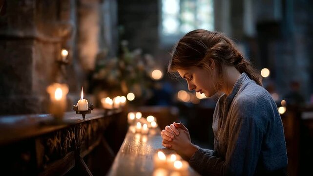 Close up of a young woman from behind in a candlelit church interior kneeling in a medieval style carved pew with hands clasped the candlelight casting warm flickering shadows