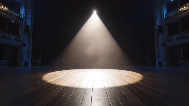 A spotlight shines down on an empty stage in a dark theater, highlighting the wooden floor