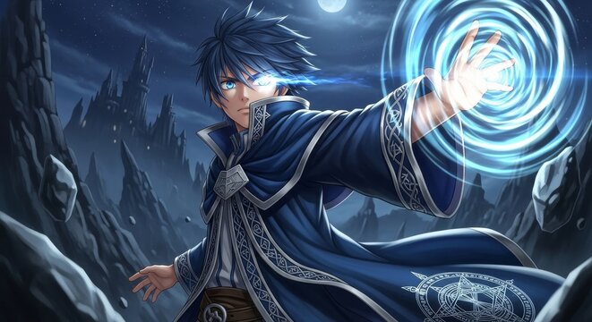 A male sorcerer in dark robes channels bright blue magical energy from his outstretched hand under a pale moon.