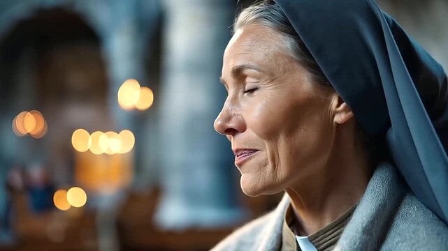 Close up portrait of a mature woman in a traditional religious habit a warm genuine smile conveying decades of devoted service soft natural church light illuminating her face