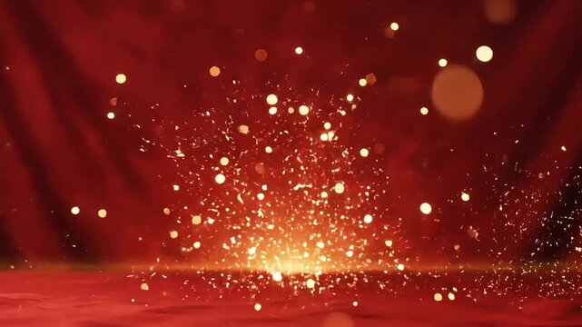 Sparkling particles explode in a fiery display on a red surface