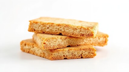 Fototapeta premium Stack of freshly baked crispy bread slices on white background perfect for snacking or toast