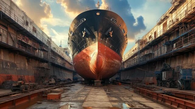 Large vessel in drydock, bow facing camera, flanked by support structures, under a cloudy sky