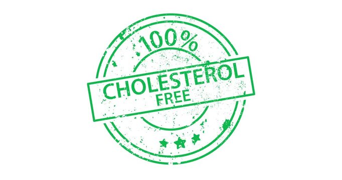 Green stamp says 100% cholesterol free. Grunge texture, circular design, three stars. Ideal for health, food, or wellness marketing. Clean, bold visuals for product labeling or ads
