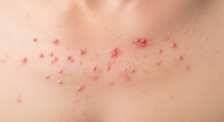Fototapeta premium A close up view of a person's chest area showing multiple small red acne pimples and skin breakout